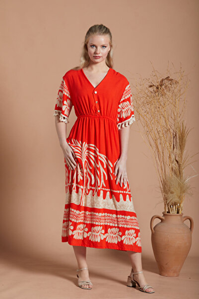 İPEKMOOD Printed Woven Viscose Summer Orange Dress