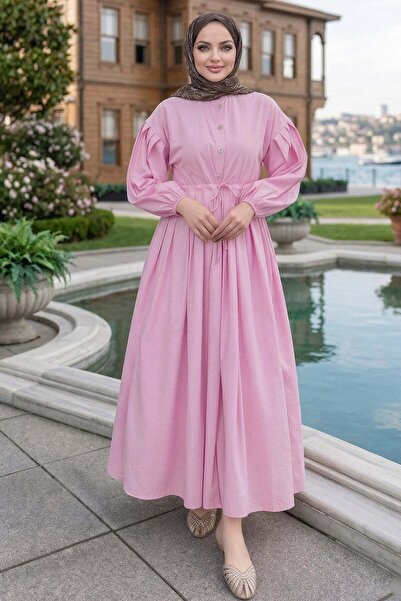 HNT Hayrunnisa Tesettür Belden Piliseli Bağcıklı Düğme Detaylı Elbise Pembe H...