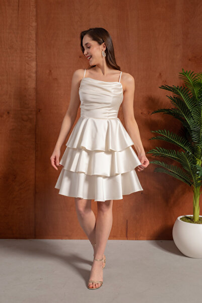 Lafaba Women's Ecru Thin Straps Degaje Collar Mini Satin Graduation Evening D...