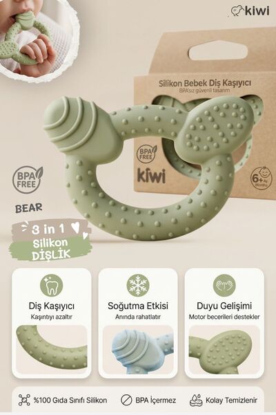 Kiwi Bear Silikon Diş Kaşıyıcı | Soğutulabilir, BPA Free, Duyu Geliştirici Oy...