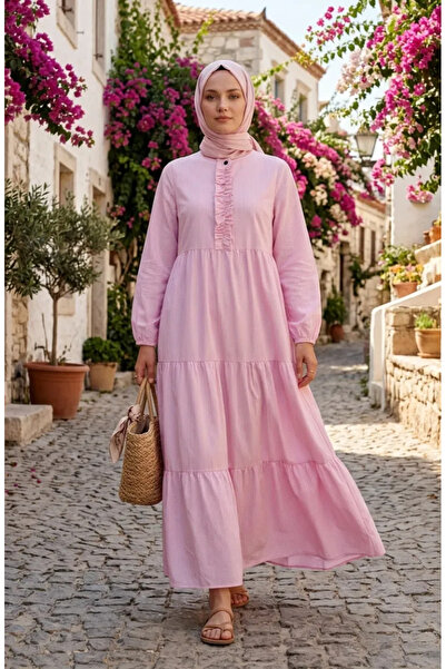 sefamerve Ριγέ Φόρεμα Ποπλίνα με Λεπτομέρεια Βολάν 2190-02 Ροζ