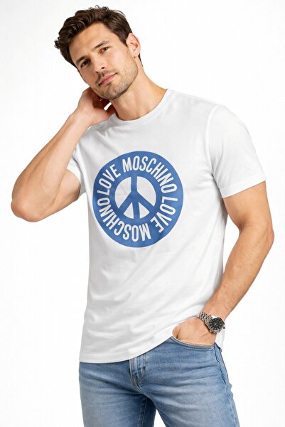 Love Moschino تي شيرت قطني مطبوع عليه Love Peace بقصة ضيقة وقابلة للتمدد