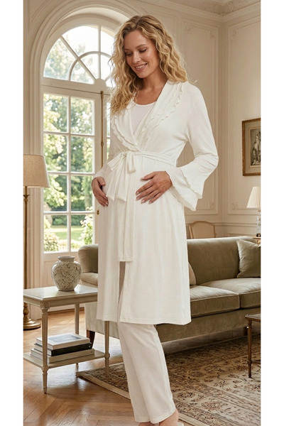 Lohusa Homewear Νέα σεζόν Εκρού Σετ Πιτζάμες Εγκυμοσύνης με Γιακά Καλοκαιρινό...