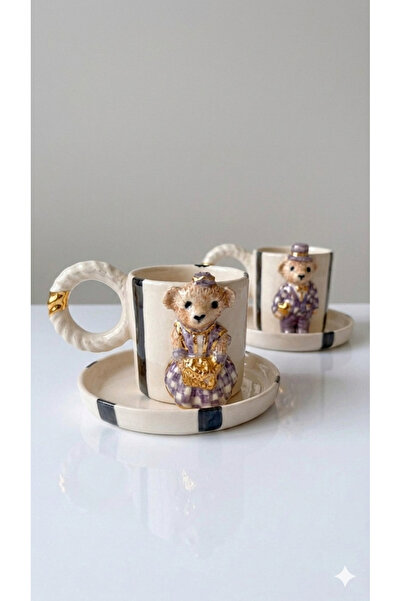 Ahşap Evi El Yapımı 24K Altın Kaplama 2’li Kız-Erkek Teddy Türk Kahvesi Fincanı