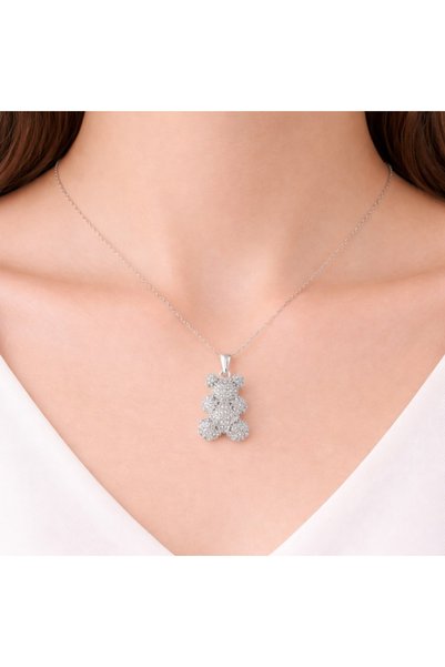 AXXION Zircon Stone Teddy Bear Necklace Silver Color Non-Tarnish Steel Stylish Minimalist Women's Necklace