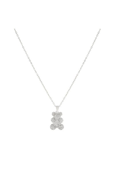AXXION Zircon Stone Teddy Bear Necklace Silver Color Non-Tarnish Steel Stylish Minimalist Women's Necklace