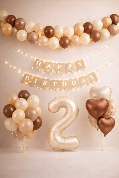 eğlencemarketi Doğum Günü Süsleme Seti Krem Kahve Balon Zinciri Happy Birthda...