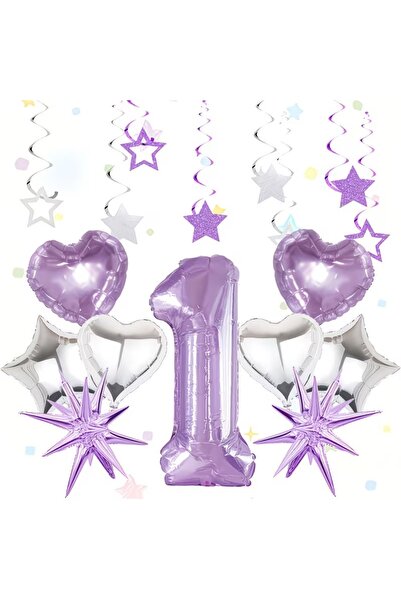 DÜVENCİ TİCARET Σετ μπαλόνια για πάρτι γενεθλίων με μωβ αριθμούς, αστερία, κα...