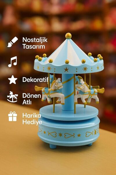 LİNALP Mavi Atlı Karınca Müzik Çalmalı, Kurmalı Dönen Dekoratif Biblo Nostalj...