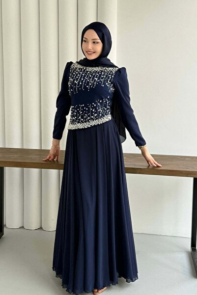 Modaensarbutik Premium Üst Taş İşlemeli Tesettür Abiye-LACİVERT