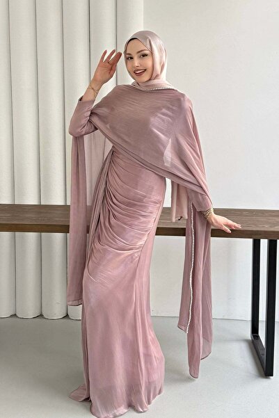 Modaensarbutik Royal İnci Fular & Şal Detaylı Tesettür Abiye-PEMBE