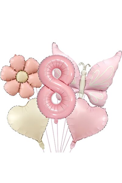 DÜVENCİ TİCARET Ροζ ματ σετ γιορτής γενεθλίων με μπαλόνια πεταλούδα και μαργα...