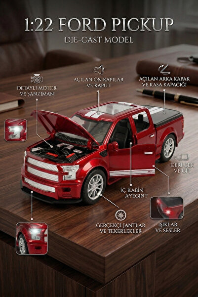 craftivio 1:22 Ölçek Metal Ford Pickup Model Araba - Sesli, Işıklı ve Çek Bır...