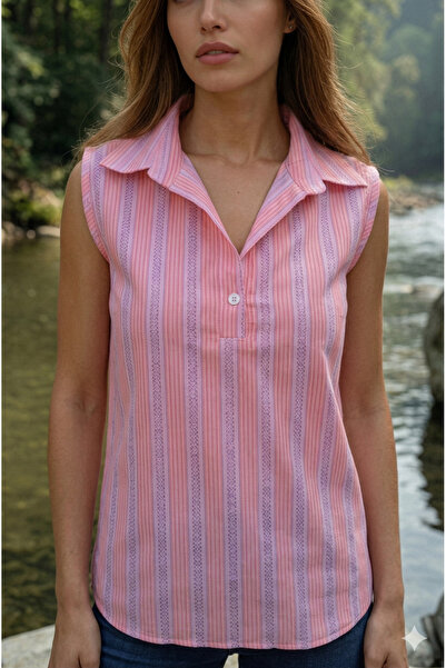 Pasaklı Giyim Women's Orange Striped Scallop Fabric, Patched, Zero Sleeve Sum...