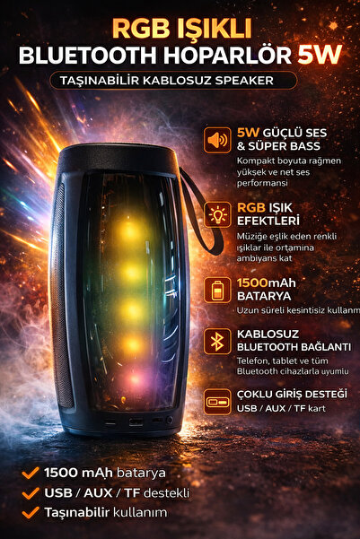 Arasta RGB Işıklı Bluetooth Hoparlör 5W – Taşınabilir Kablosuz Speaker 1500mA...