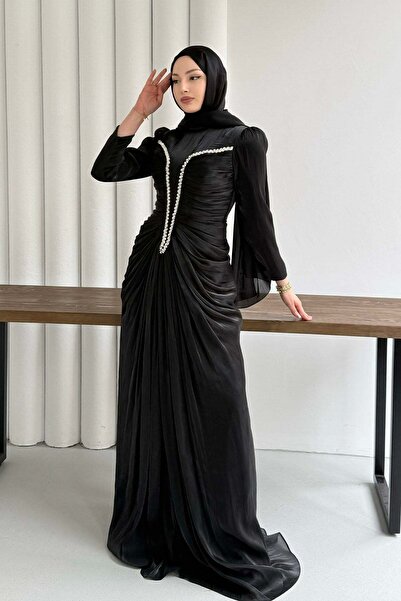 Modaensarbutik Luxe Ön Taş İşlemeli Tesettür Abiye-SİYAH