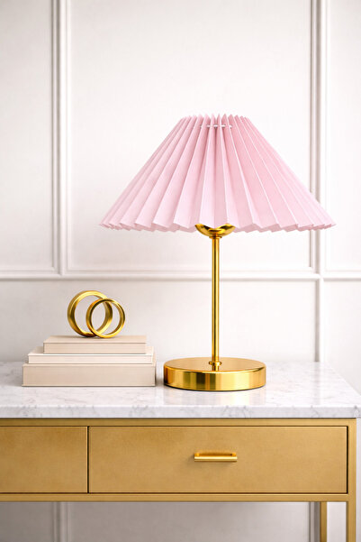 EvLight Liora Metal Gold Legged Pleated Pink Bedside Table Lampshade