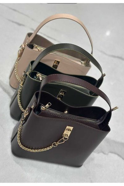 ÖZÜM ÇANTA Women's 3-Compartment Square Model Chain Detail Handbag and Shoulder Bag Mink