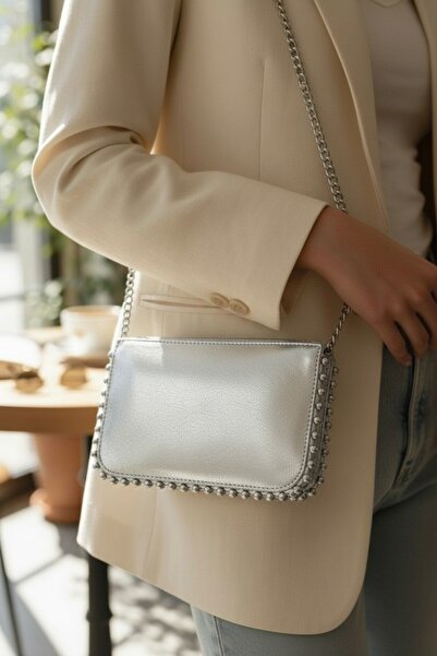 Classbag Women's Silver, Bead Detailed Chain Strap Cross Shoulder Bag