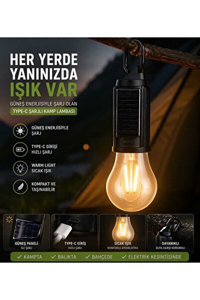 bahe home Solar Şarjlı LED Kamp Lambası Type-C USB Askılı Taşınabilir Ampul A...