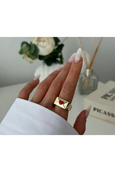 Xui Trend Model Kırmızı Detaylı Mektup Ayarlanabilir Gold Yüzük