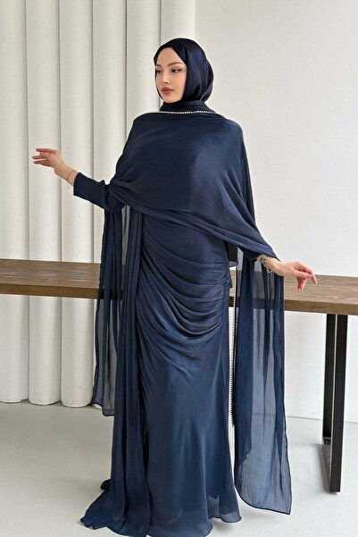 Modaensarbutik Royal İnci Fular & Şal Detaylı Tesettür Abiye-LACİVERT