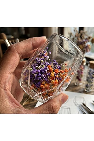 Kuzey Tacı Geometrik Elmas Kesim Çift Camlı Bardak Gerçek Kurutulmuş Çiçekli,...