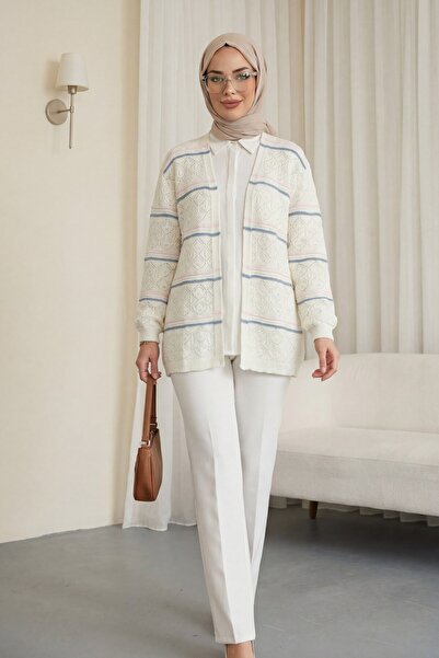 Modamorfo Colorful Striped Openwork Patterned Knitwear Cardigan -White