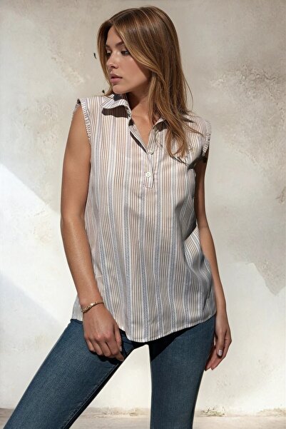 Pasaklı Giyim Women's Coffee Striped Scallop Fabric, Patched, Zero Sleeve Sum...