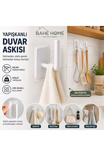 bahe home Yapışkanlı Duvar Askısı Delmeden Montaj Güçlü Tutucu Banyo Mutfak Ç...