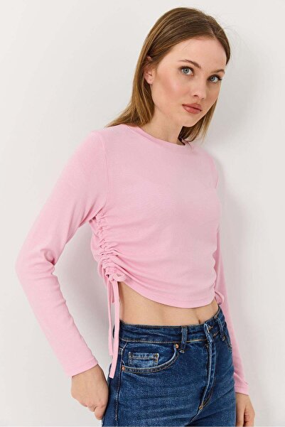 Raneel Kazançlı Alışveriş Long Sleeve Pink Blouse with Gathered Sides