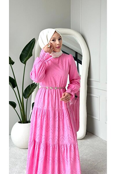 Nes Moda Kadın Bel Lastikli Kolu Fırfırlı Fisto Tesettür Elbise