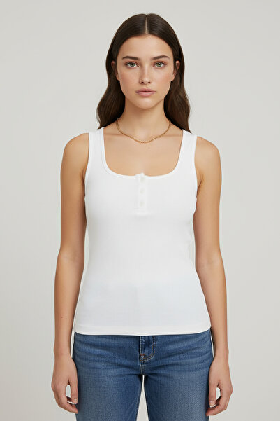 THEWERT Γυναικείο λευκό μπλουζάκι Henley με κουμπιά, σε στενή γραμμή