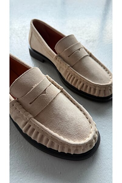 Eataly Shoes Kadın Büzgülü Gerçek Deri Oxford Loafer Günlük Ayakkabı Bej