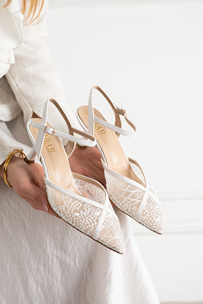 dabab shoes LACEVA Γυναικεία Λευκή Δαντέλα με Λεπτομέρεια Μυτερή Μύτη και Τακ...