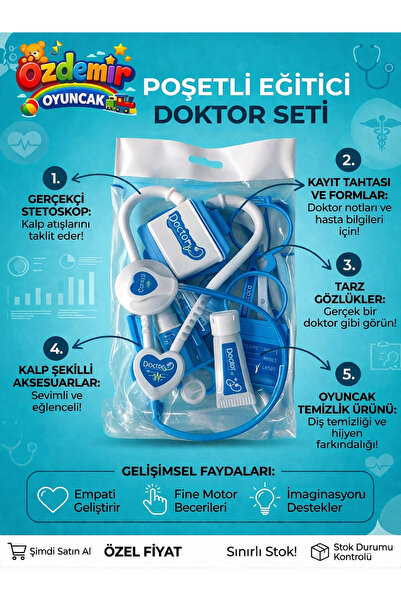 ÖZDEMİR OYUNCAK Poşetli Eğitici Doktor Seti – Çocuklar İçin Eğlenceli ve Öğretici mavi Oyun!