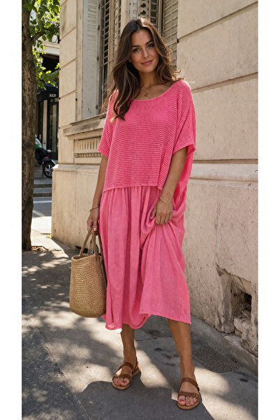 EREN STYLE Ολόσωμο φόρεμα ιταλικής μουσελίνας με επένδυση από διχτυωτό μπλούζα