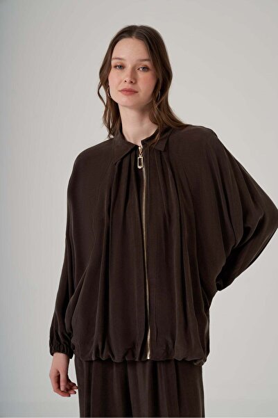 Nuss 1082 Dökümlü Fermuarlı Tunik Takım - Kahve
