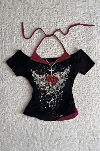 Köstebek Rose Red Heart Additional Strap Gothic Y2K Short Sleeve Blouse