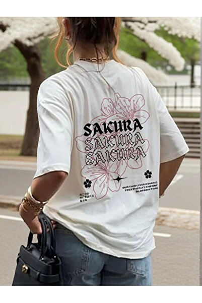 OWNME Γυναικείο μπλουζάκι Sakura με στάμπα λουλουδιών στην πλάτη, oversized, ...