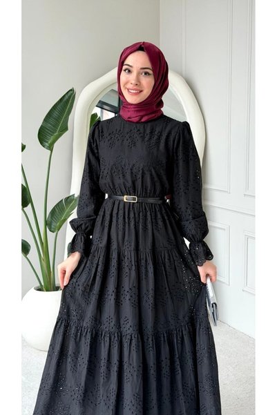 Nes Moda Kadın Bel Lastikli Kolu Fırfırlı Fisto Tesettür Elbise