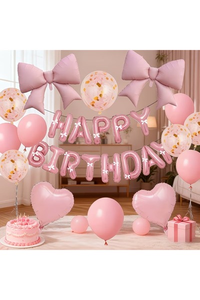 DÜVENCİ TİCARET Ροζ φιόγκος σετ αλουμινόχαρτου για χαρούμενα γενέθλια, σετ μπ...