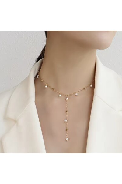 Ezera Κομψό μακρύ κολιέ με φούντες από επιχρυσωμένο ανοξείδωτο ατσάλι και μαρ...