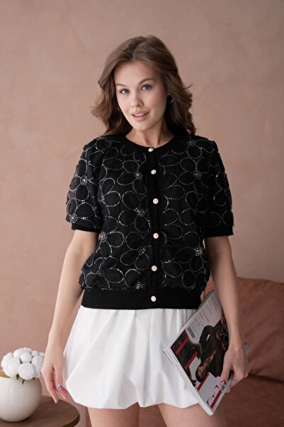 Noi Belis Floral Tulle Detailed Short Sleeve Knitwear Cardigan Ss26Hi0005