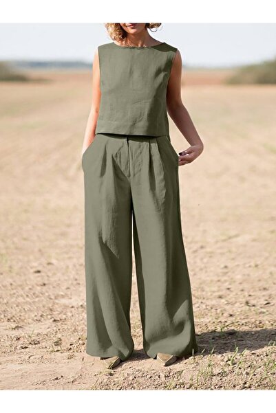 Toridas Γυναικείο Χακί Λινό Σετ: Αμάνικο Τοπ και Παντελόνι με Φαρδιά Μπατζάκι...