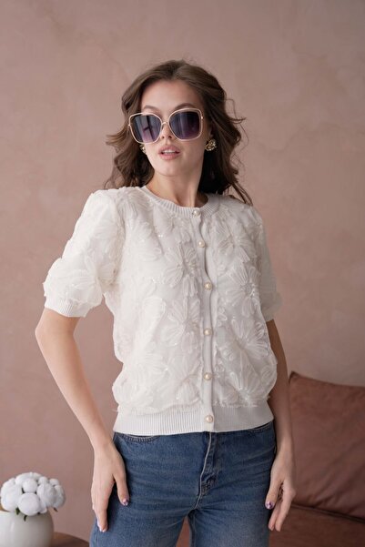 Noi Belis Floral Tulle Detailed Short Sleeve Knitwear Cardigan Ss26Hi0005