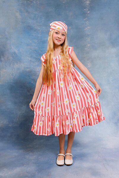 Perendi Κοριτσίστικο φόρεμα βισκόζης με ρίγες και σχέδιο μαργαρίτας με φουλάρι