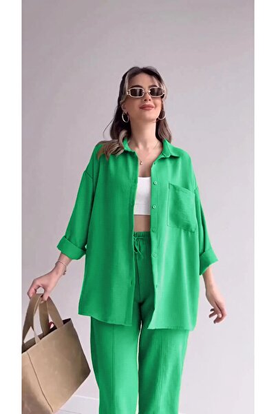 Toridas Γυναικείο πράσινο λινό σετ με πουκάμισο και παντελόνι, με ελαστική μέ...