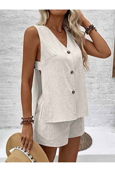 Toridas Women's Ecru Linen Sleeveless Blouse and Shorts with Elastic Waist Su...