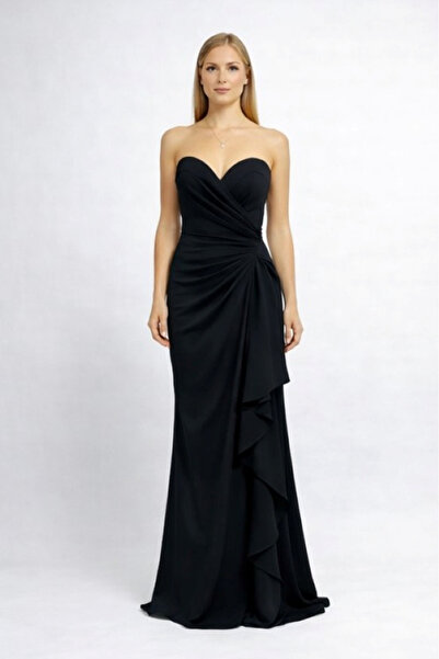 Alinexclusive ALİN KADIN ABİYE KALP YAKA DRAPELİ VOLAN DETAYLI UZUN ŞIK ELBİSE